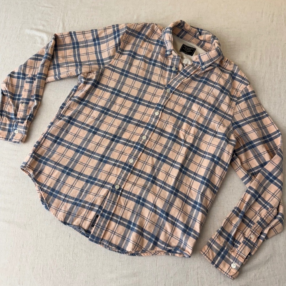 Abercrombie & Fitch Mens‎ XL Flannel Plaid Button Down Peach Blue Long Sleeve - Picture 5 of 8